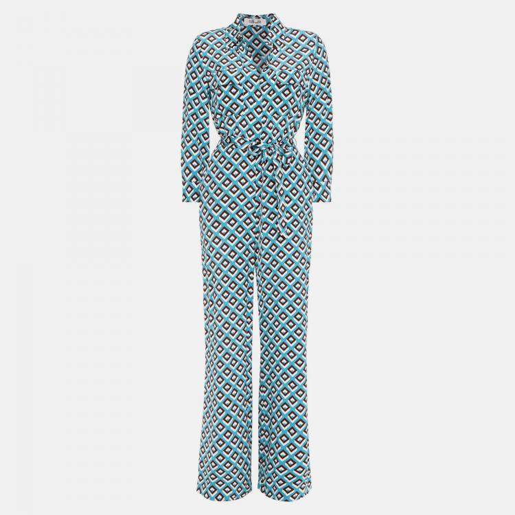 Pre Owned Diane Von Furstenberg Blue printed Silk Jumpsuit M (US 6)