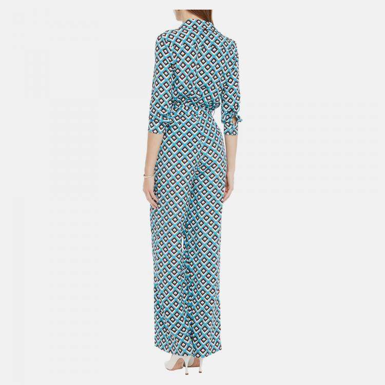 Pre Owned Diane Von Furstenberg Blue printed Silk Jumpsuit M (US 6)