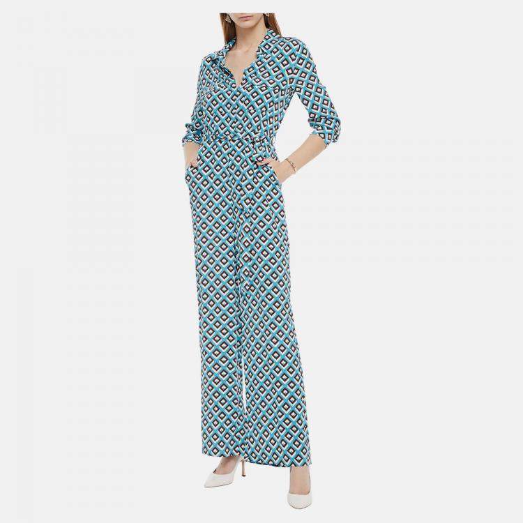 Pre Owned Diane Von Furstenberg Blue printed Silk Jumpsuit M (US 6)