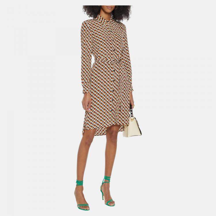 Pre Owned Diane Von Furstenberg Brown Chain Print Silk Belted Dress M