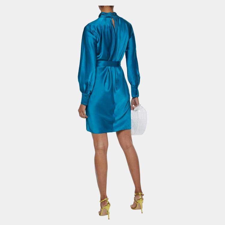 مملوكة مسبقًا Diane Von Furstenberg Blue Satin Veda Belted Dress M