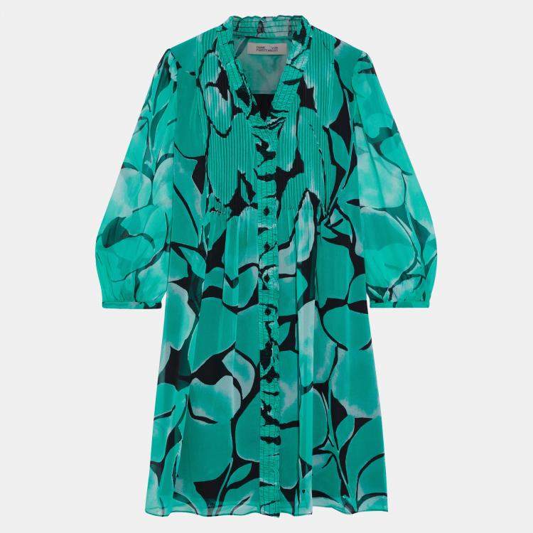 Pre Owned Diane Von Furstenberg Green Printed Silk Mini Dress S