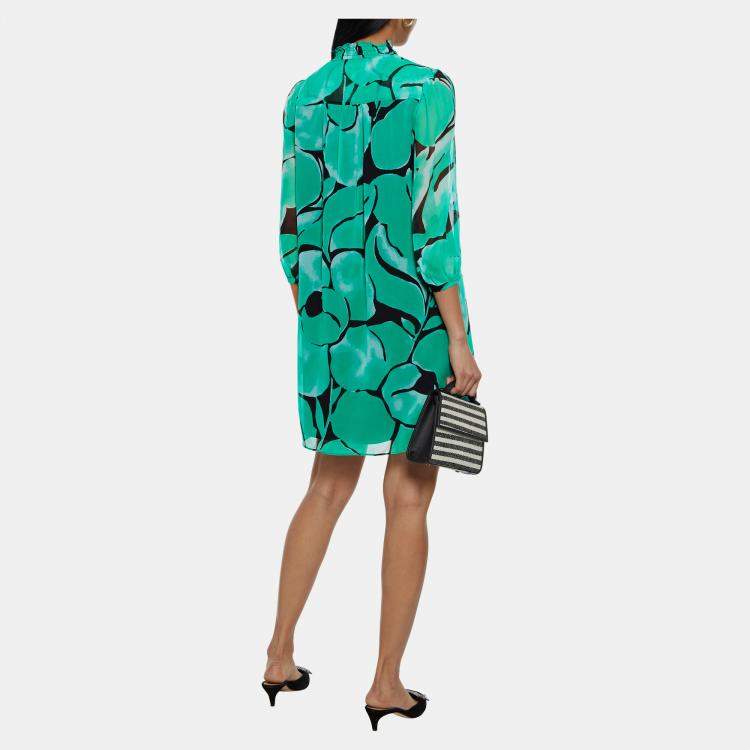 Pre Owned Diane Von Furstenberg Green Printed Silk Mini Dress S