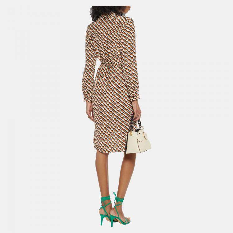 مملوكة مسبقًا Diane Von Furstenberg Brown Printed Silk Prita Belted Dress XS