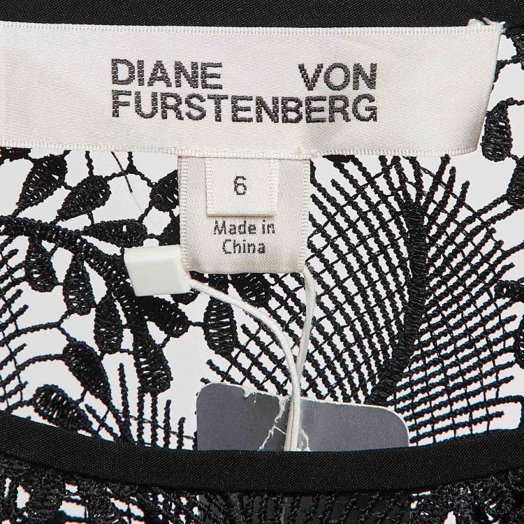 Pre Owned Diane Von Furstenberg Black Lace Tailored Overlay Midi Dress M