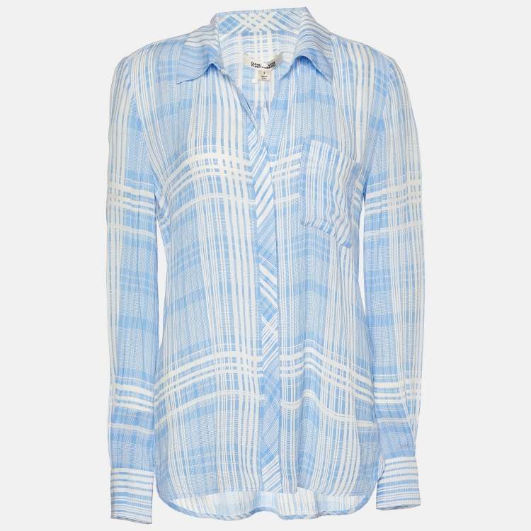 Pre Owned Diane Von Furstenberg Blue & White Printed Crepe Shirt M