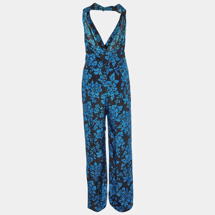 Pre Owned Diane Von Furstenberg Callow Black Printed Silk Halter Neck Jumpsuit M