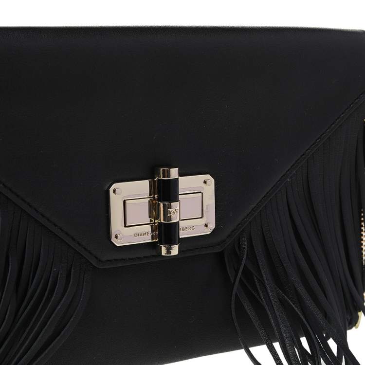 Pre Owned Diane von Furstenberg Black Leather Turnlock Folio Fringe Clutch