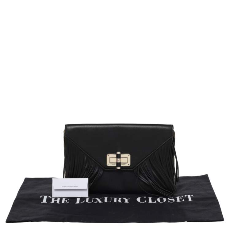 Pre Owned Diane von Furstenberg Black Leather Turnlock Folio Fringe Clutch