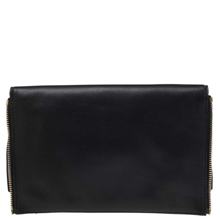 Pre Owned Diane von Furstenberg Black Leather Turnlock Folio Fringe Clutch