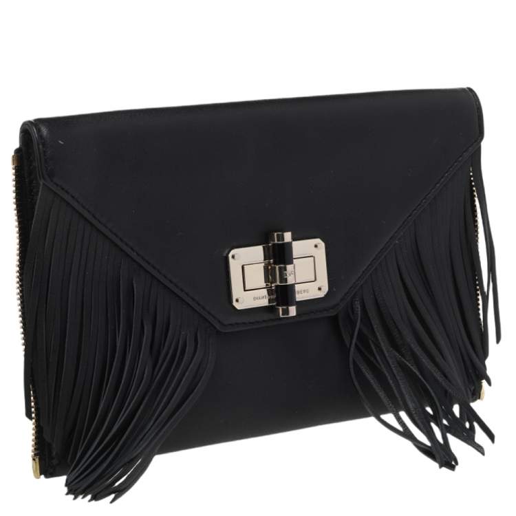 Pre Owned Diane von Furstenberg Black Leather Turnlock Folio Fringe Clutch