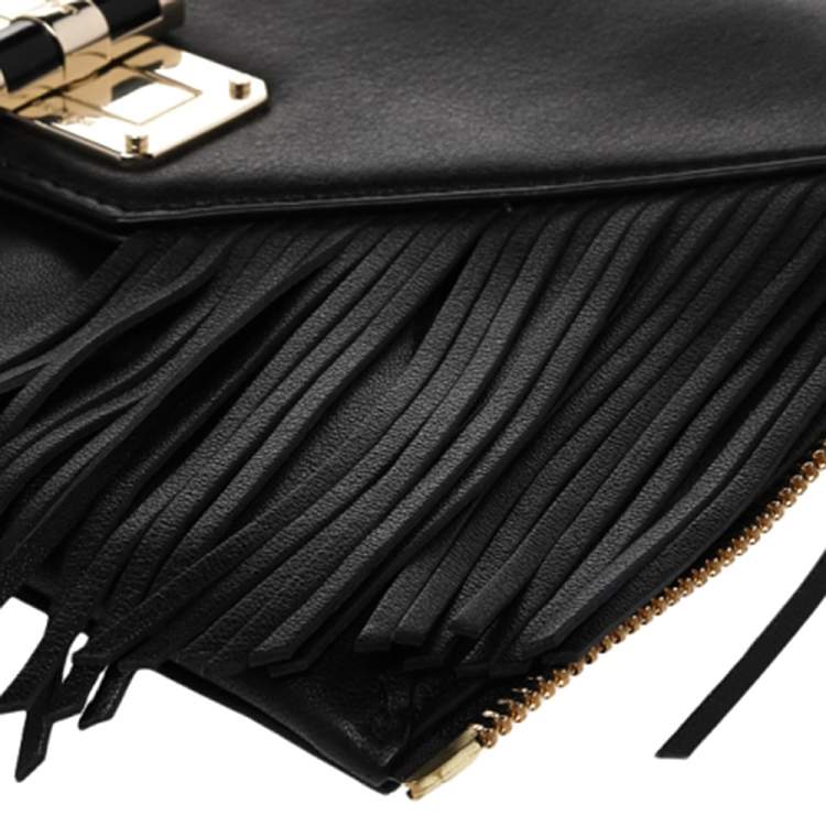 Pre Owned Diane von Furstenberg Black Leather Turnlock Folio Fringe Clutch