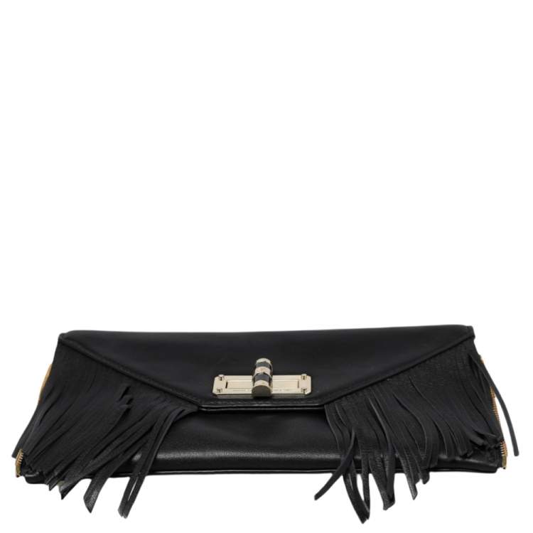 Pre Owned Diane von Furstenberg Black Leather Turnlock Folio Fringe Clutch