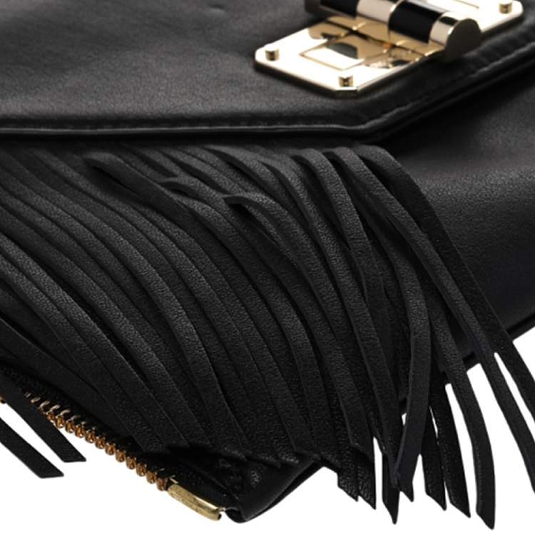 Pre Owned Diane von Furstenberg Black Leather Turnlock Folio Fringe Clutch