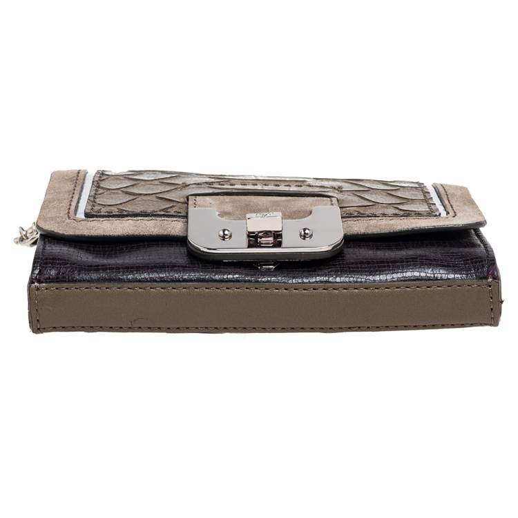 Pre Owned Diane von Furstenberg Black/Olive Green Suede and Python Embossed Leather Shoulder Bag