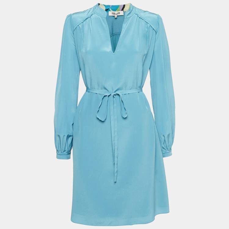Pre Owned Diane Von Furstenberg Blue Silk Belted Mini Shift Dress M