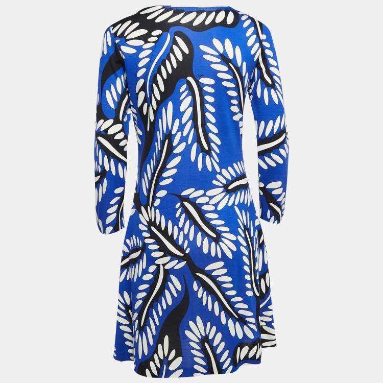 Pre Owned Diane Von Furstenberg Blue Printed Jersey Kaden Dress M