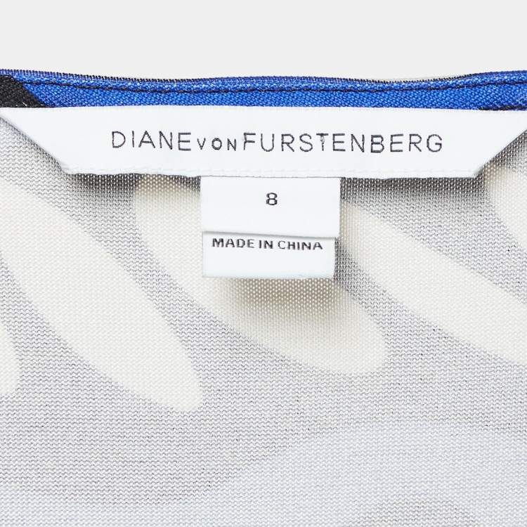 Pre Owned Diane Von Furstenberg Blue Printed Jersey Kaden Dress M