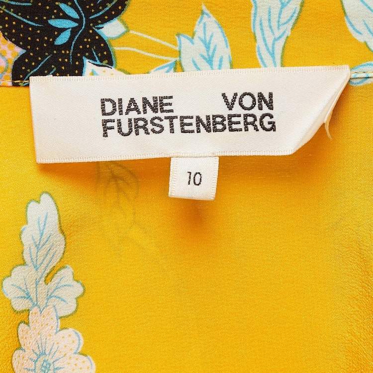 Pre Owned Diane Von Furstenberg Yellow Floral Print Silk Crop Wrap Shirt L