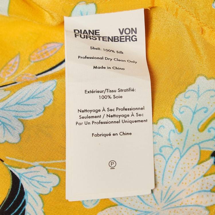 Pre Owned Diane Von Furstenberg Yellow Floral Print Silk Crop Wrap Shirt L