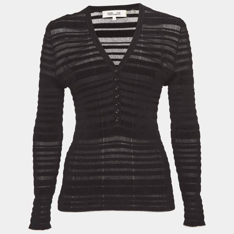 Pre Owned Diane Von Furstenberg Black Patterned Knit Sweater Top M