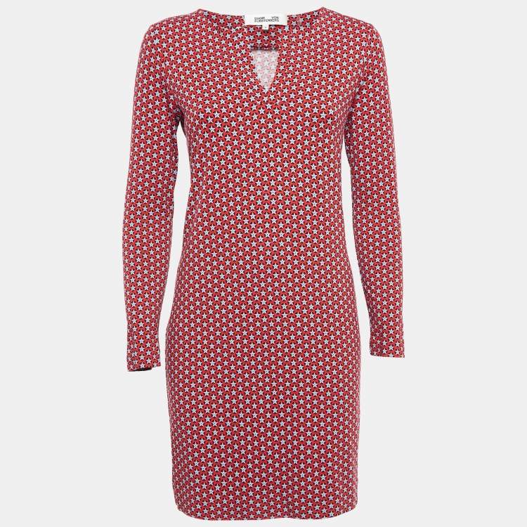 Pre Owned Diane Von Furstenberg Red Printed Knit Full Sleeves Mini Dress S