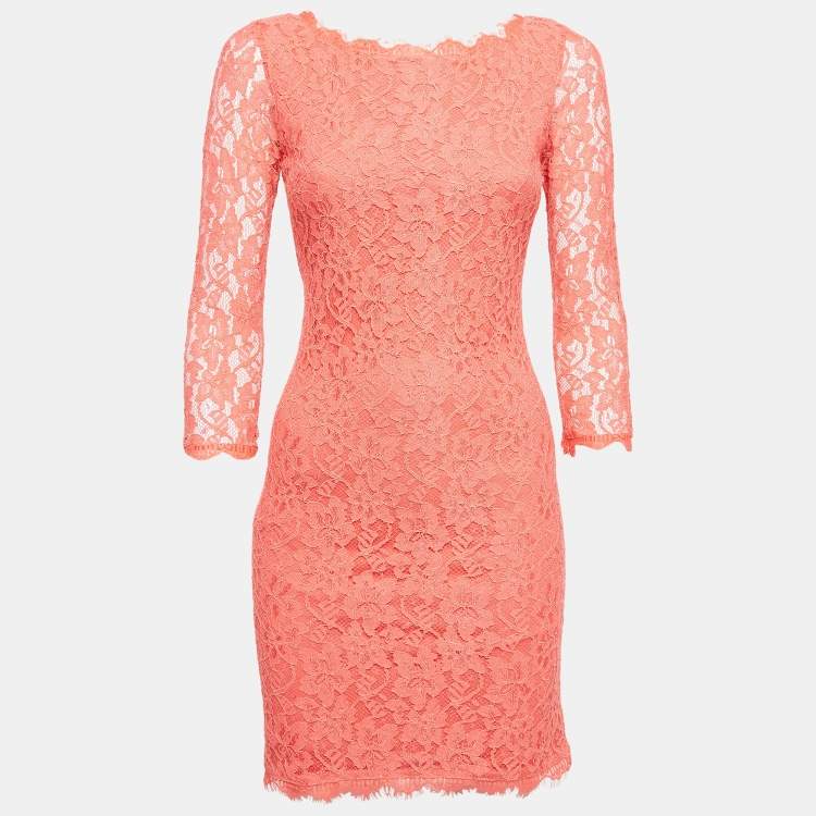 Pre Owned Diane Von Furstenberg Coral Pink Lace Long Sleeve Mini Dress S