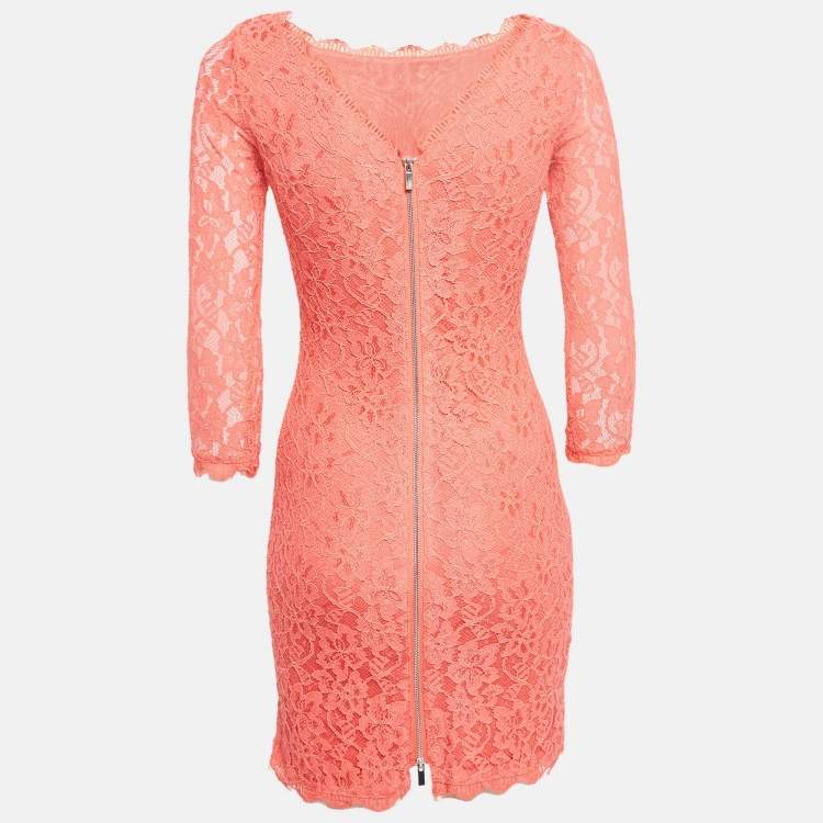 Pre Owned Diane Von Furstenberg Coral Pink Lace Long Sleeve Mini Dress S