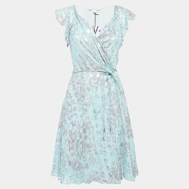 Pre Owned Diane Von Furstenberg Grey/Blue Printed Silk Delancey Wrap Dress S