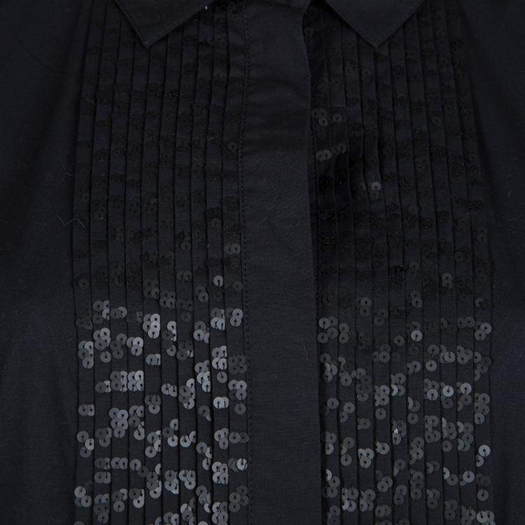 Pre Owned Diane Von Furstenberg Amy Lu Black Sequin Pintuck Detail Long Sleeve Dress M