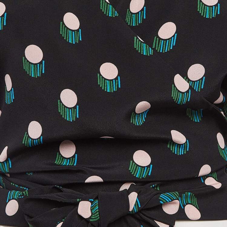 Pre Owned Diane Von Furstenberg Black Printed Tie-Up Crop Top S