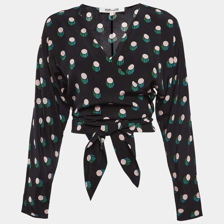 Pre Owned Diane Von Furstenberg Black Printed Tie-Up Crop Top S