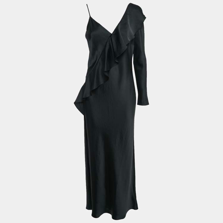 Pre Owned Diane Von Furstenberg Black Satin Ruffled One-Shoulder Long Dress M