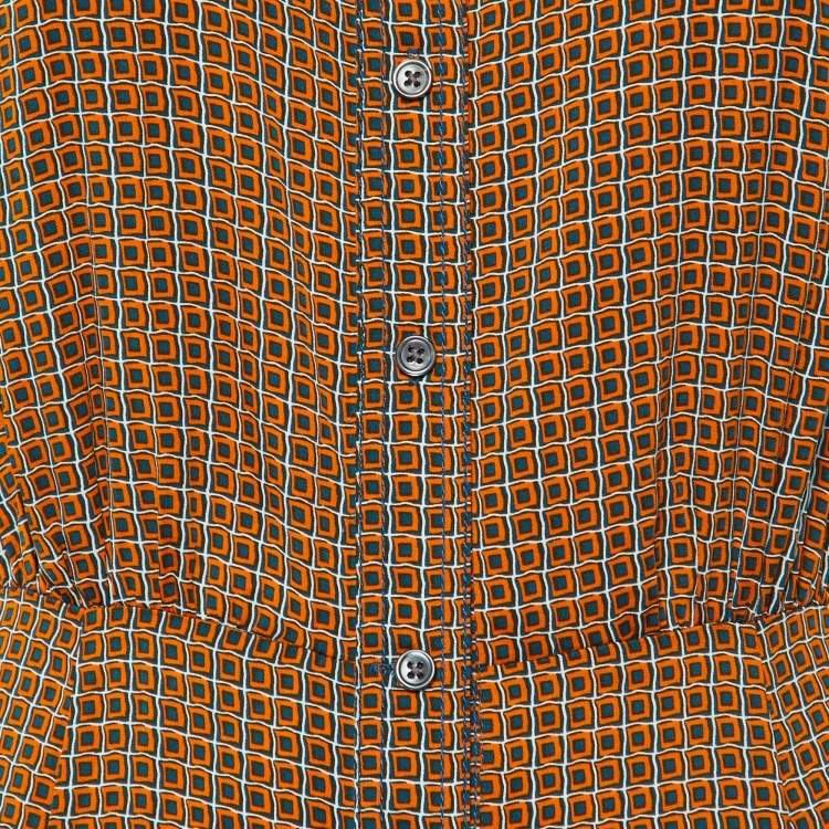 Pre Owned Diane Von Furstenberg Orange Printed Silk Shirt Dress M