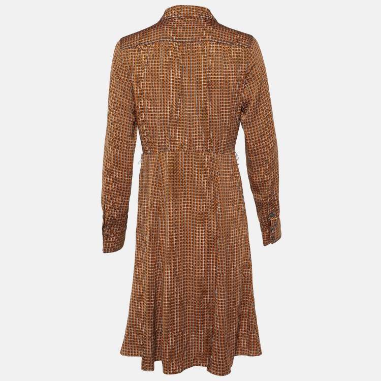 Pre Owned Diane Von Furstenberg Orange Printed Silk Shirt Dress M