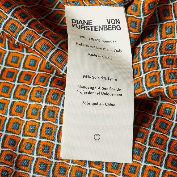 Pre Owned Diane Von Furstenberg Orange Printed Silk Shirt Dress M