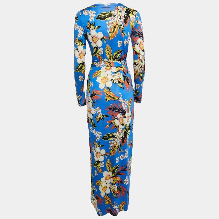 Pre Owned Diane Von Furstenberg Blue Floral Print Jersey Wrap Dress S