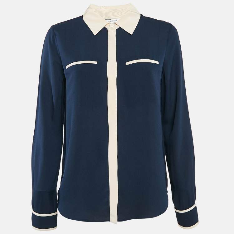 Pre Owned Diane Von Furstenberg Navy Blue Silk Trudy Shirt M