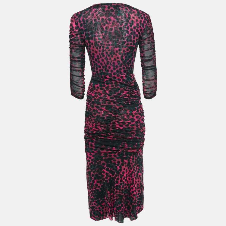 مملوكة مسبقًا Diane Von Furstenberg Pink Leopard Print Stretch Mesh Ruched Midi Dress S
