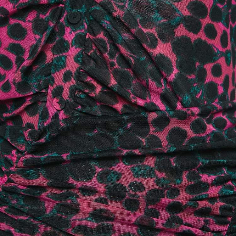 مملوكة مسبقًا Diane Von Furstenberg Pink Leopard Print Stretch Mesh Ruched Midi Dress S
