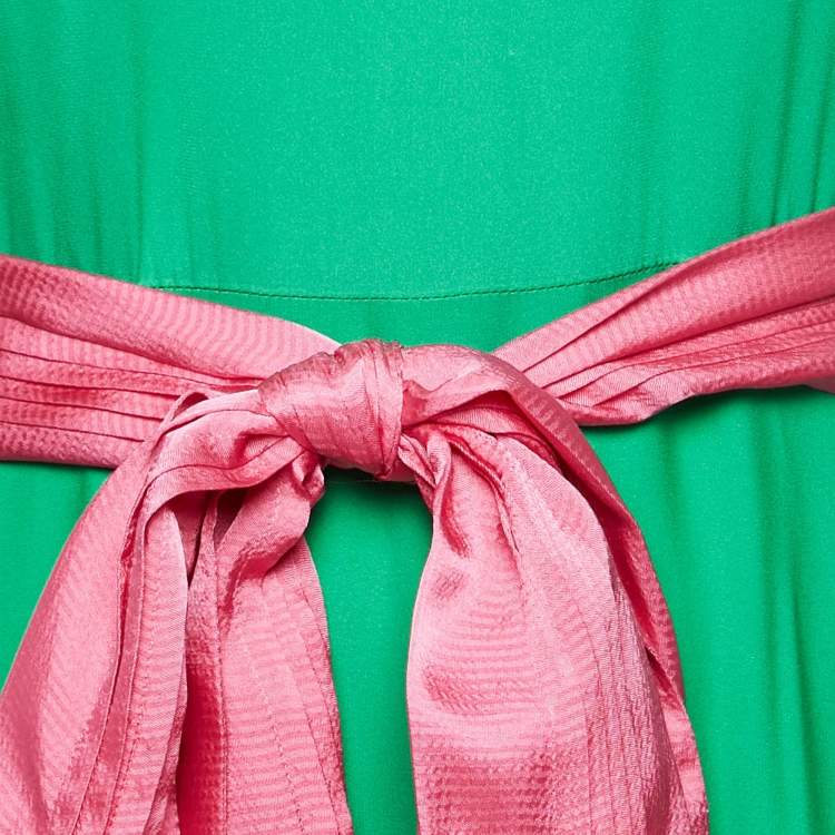 Pre Owned Diane Von Furstenberg Green Silk Belted Flounce Amabel Maxi Dress S