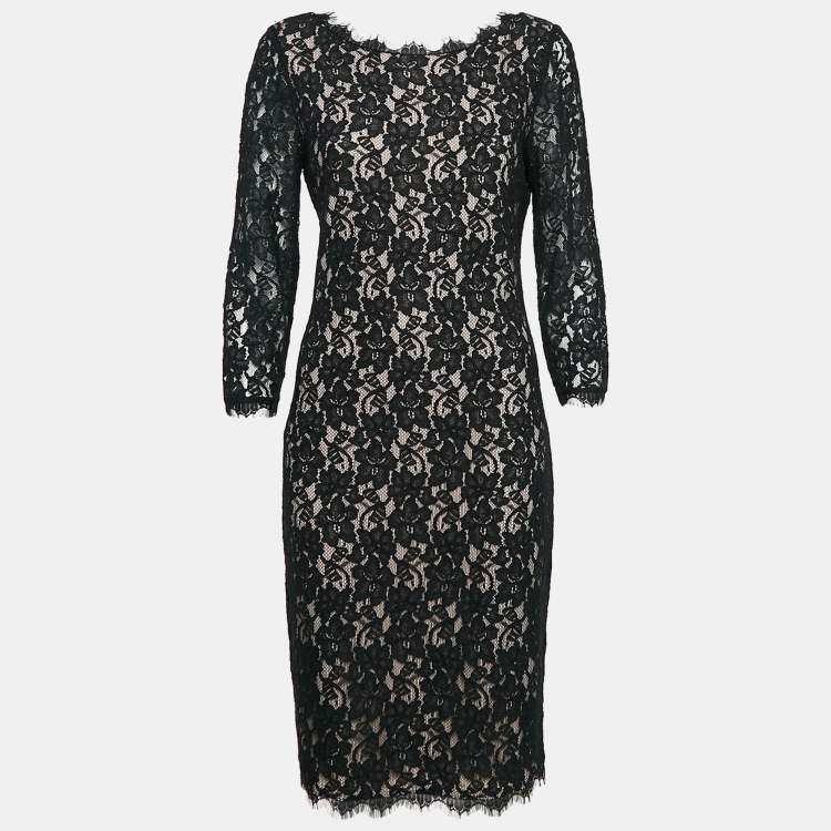Pre Owned Diane Von Furstenberg  Black Lace Colleen Long Sheath Dress L