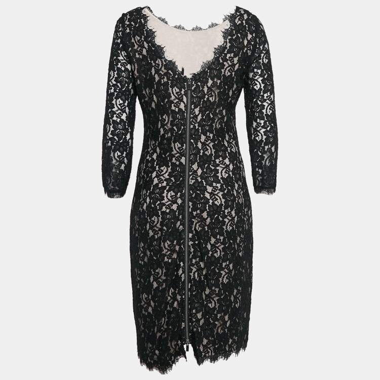 Pre Owned Diane Von Furstenberg  Black Lace Colleen Long Sheath Dress L