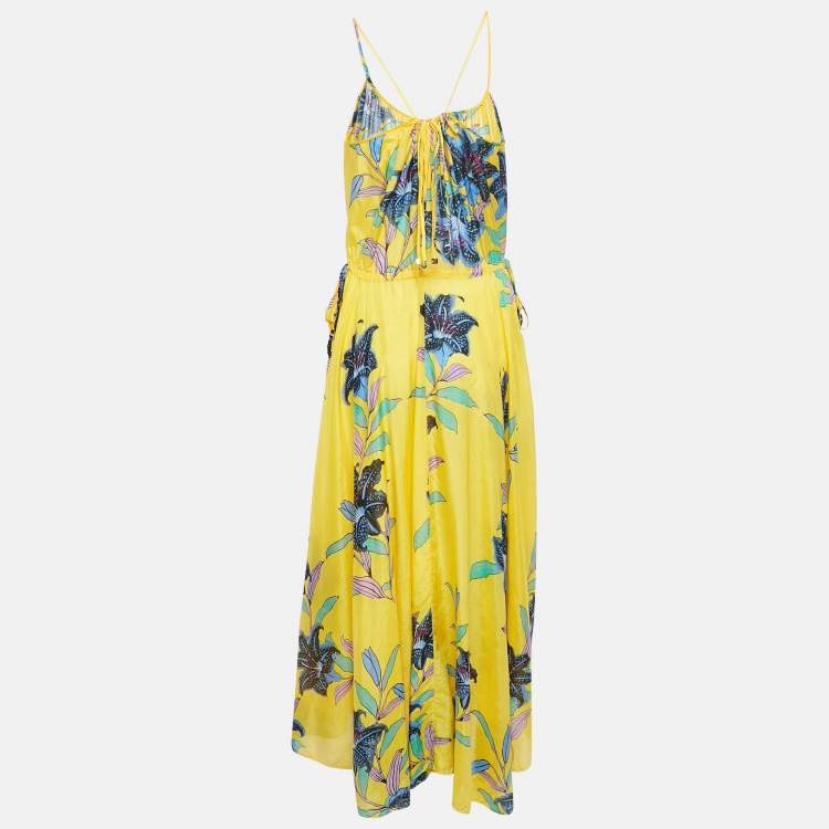 Pre Owned Diane Von Furstenberg Yellow Floral Print Cotton Blend Tie-Up Detail Maxi Dress S
