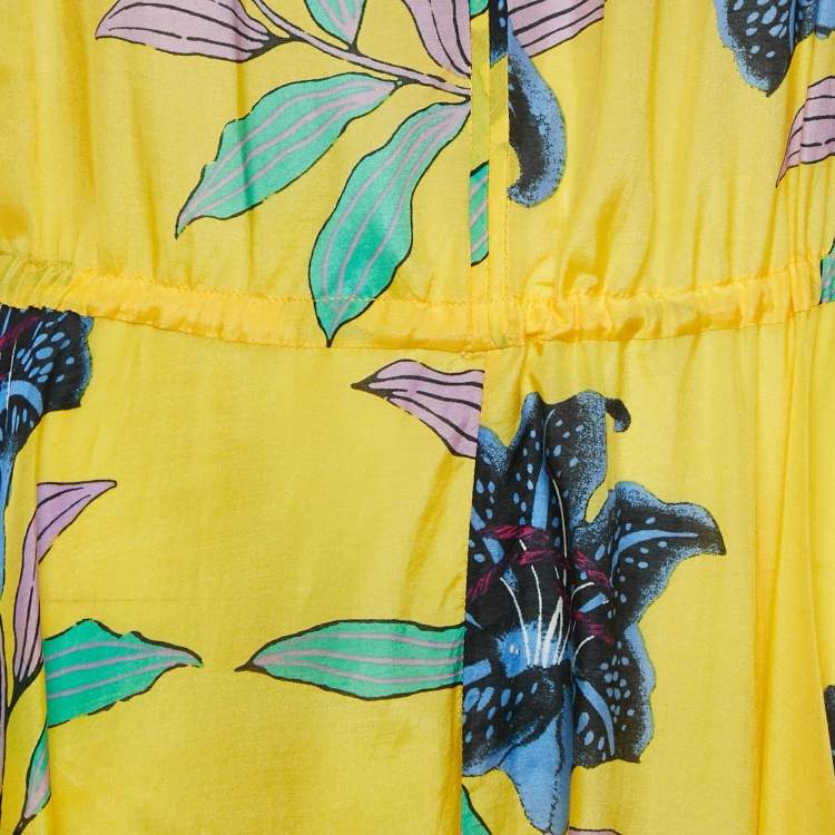 Pre Owned Diane Von Furstenberg Yellow Floral Print Cotton Blend Tie-Up Detail Maxi Dress S