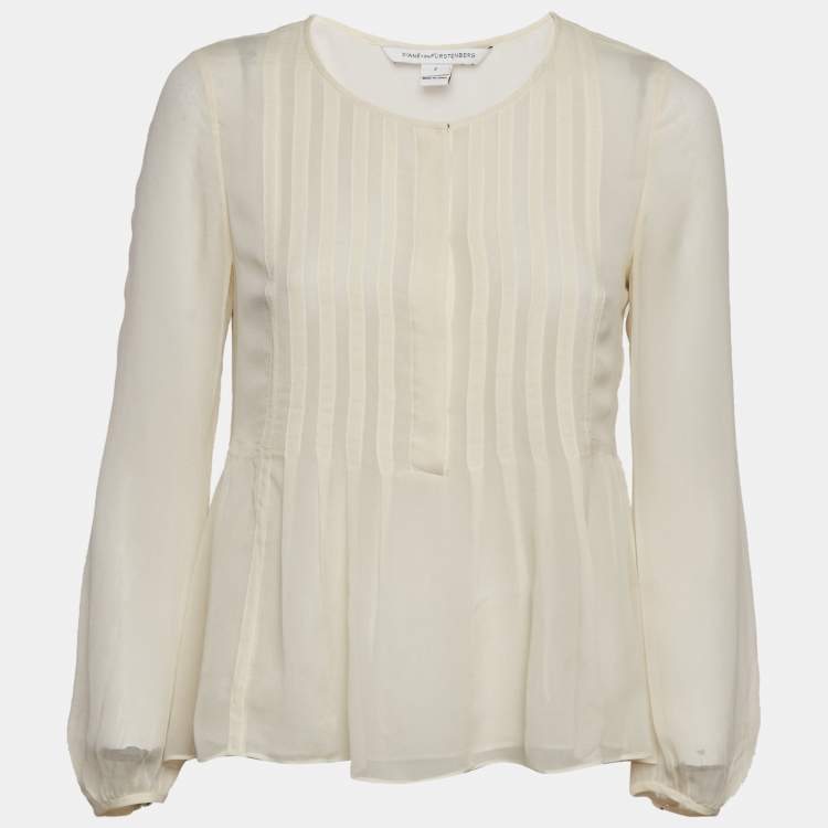 مملوكة مسبقًا Diane Von Furstenberg Cream Silk Pleated Jayne Blouse S