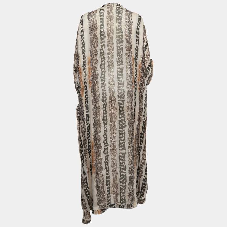 Pre Owned Diane von Furstenberg Grey Printed Silk Clare Beaded Sheer Maxi Kaftan L