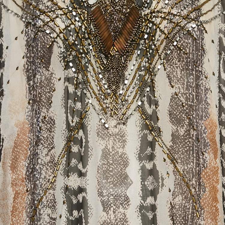 Pre Owned Diane von Furstenberg Grey Printed Silk Clare Beaded Sheer Maxi Kaftan L