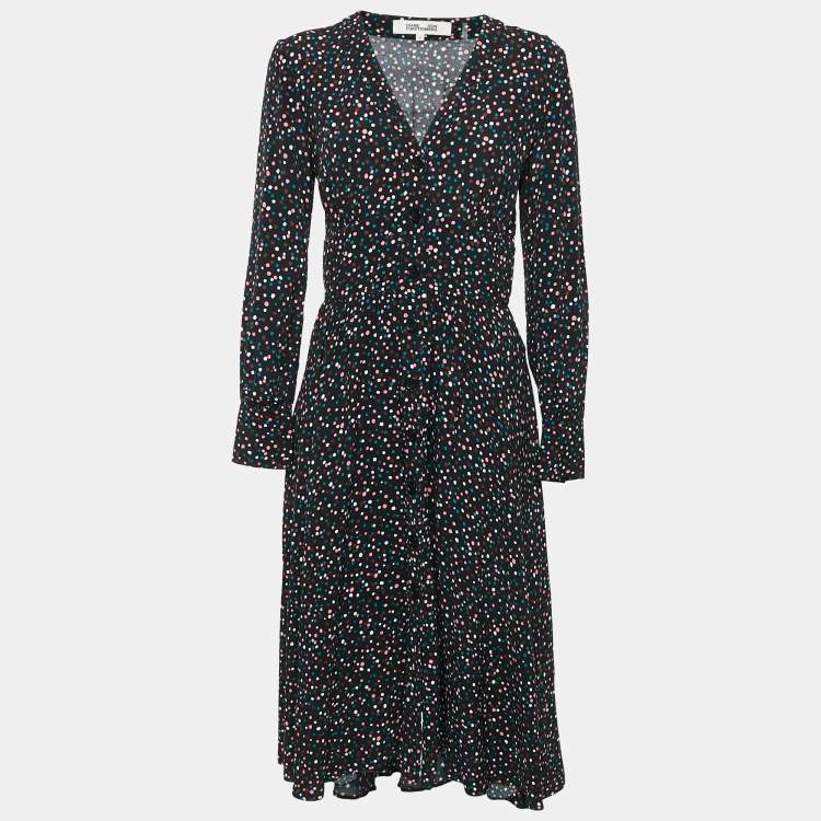 Pre Owned Diane Von Furstenberg Black Dot Print Crepe Button Front Midi Dress S