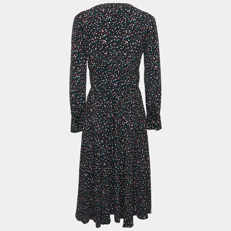 Pre Owned Diane Von Furstenberg Black Dot Print Crepe Button Front Midi Dress S